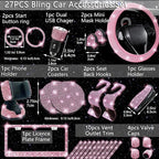 27-Piece Bling Car Accessories Set - Universal Fit Steering Wheel Covers, License Plate Frames, Phone Holder, Car Fast Charger, Coasters (Pink)