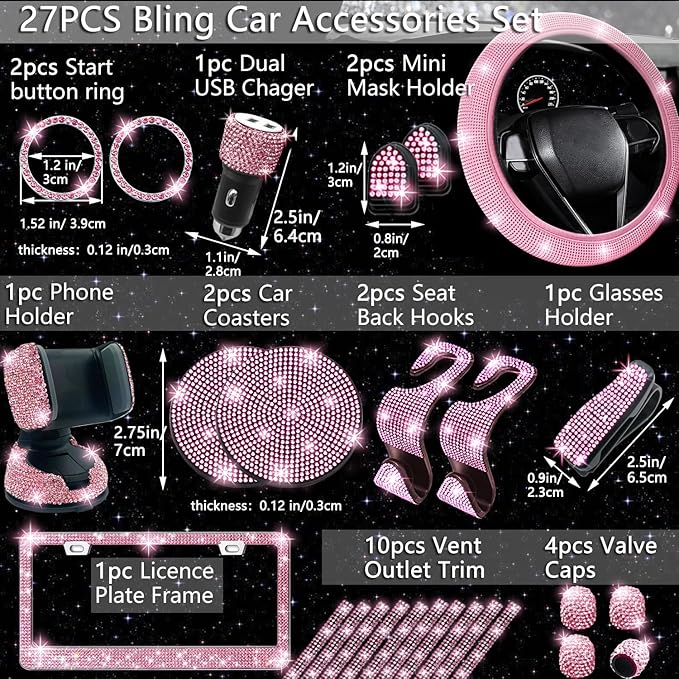 27-Piece Bling Car Accessories Set - Universal Fit Steering Wheel Covers, License Plate Frames, Phone Holder, Car Fast Charger, Coasters (Pink)