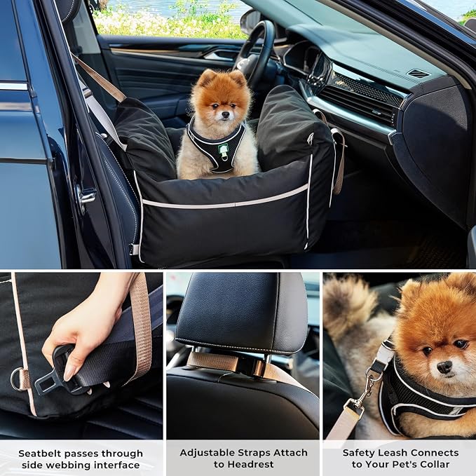 Dog Car Seat for Small Dogs - Waterproof Pet Booster Seat for Car with Clip-On Safety Leash, Travel Carrier for Medium Puppy up to 25 lbs, Adjustable Buckles, Black