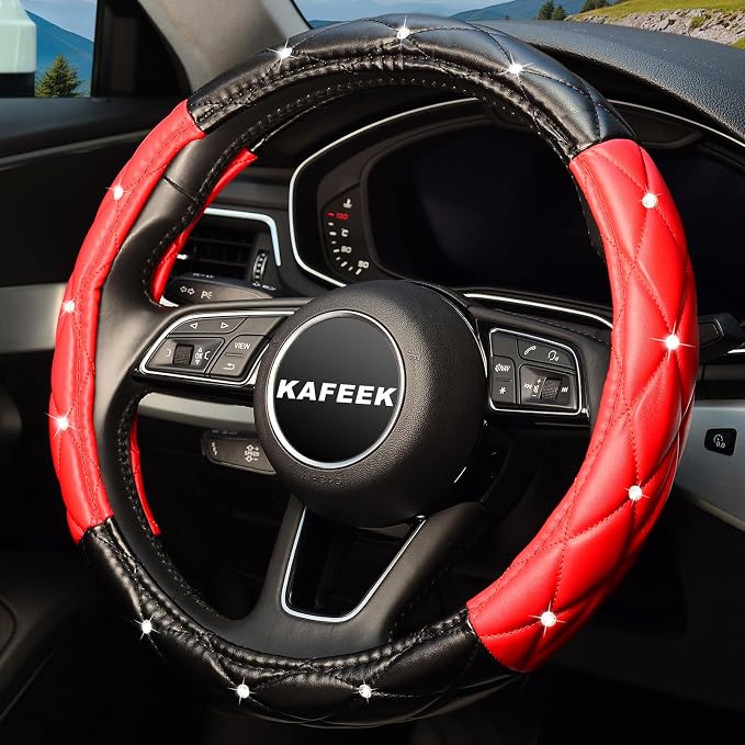 Diamond Soft Leather Steering Wheel Cover with Bling Bling Crystal Rhinestones, Universal 15 inch, Black Red