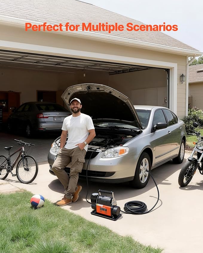 12V Heavy Duty Air Compressor, Auto-Stop Portable Tire Inflator with LCD Digital Display, 7.14 CFM 150PSI Offroad Air Pump with Adapters for Trucks Car SUV 4 x 4 Vehicle RV
