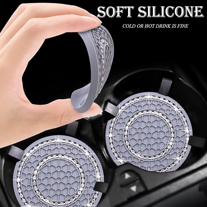 2PCS Bling Crystal Rhinestone Cup Holder Coaster, 2.75 inch Soft Silicone Anti-Slip Shockproof, Car Cup Holder Insert Coasters, Universal Car Interior Accessories for Women (Gray & White)
