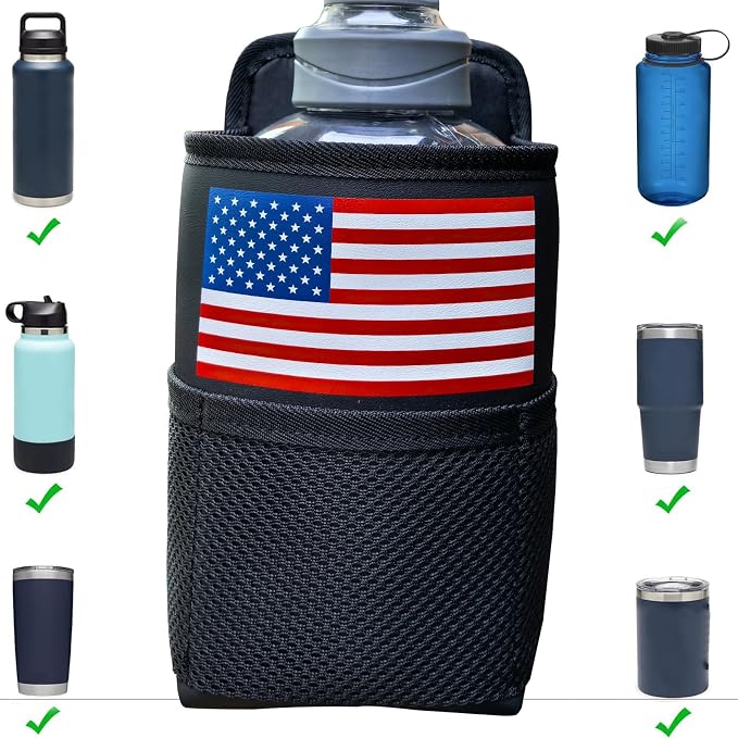 Large Car Cup Holder Expander, Fits Large 24/36/40/46oz Water Bottles, Big Drinks Holder Bag- Universal Auto Vehicle for Cars, SUV & Truck RV's Golf-carts (Black-US Flag)