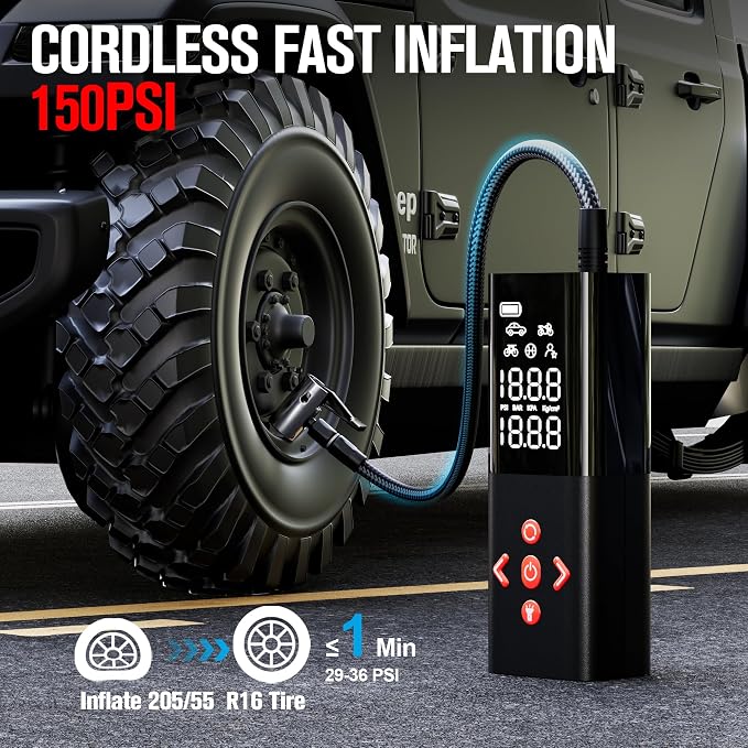 AP150 Tire Inflator Portable Air Compressor, 2X Faster 150PSI Cordless Air Pump for Car Tires with Auto-Shutoff, Portable Tire Pump with Digital Pressure Gauge for Car, Motorcycle,Bike, Ball
