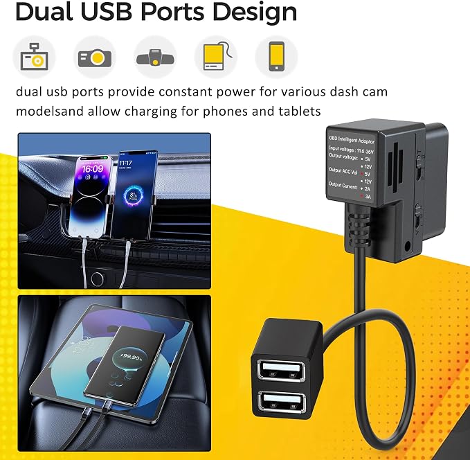 OBD Constant Power Cable,OBD II Power Adapter with Two USB Ports for Dashcam,24/7 Power Supply Mode/Low Voltage Protection,Vehicle OBD 5V 3A Port Charger Cable Compatible with Gar‘min Dash Cam