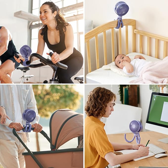 8000mAh Portable Stroller Fan, 27H Ultra-long Battery Life Detachable 4 Speed 360°Rotate LED Night Light with 2 Modes, USB Rechargeable Handheld Cooling Fan for Travel/Car Seat/Bedroom