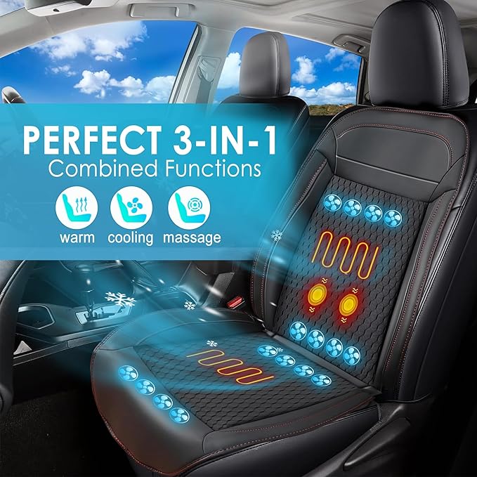 Upgraded 16 Fans Cooling Car Seat Cover Front Seat, Cooling Car Seat Cushion with Massage Adjustable Temperature, 12V Ventilated Seat Cover for Car SUV Universal (Winter,Cooling&Massage-3in1 - 5)