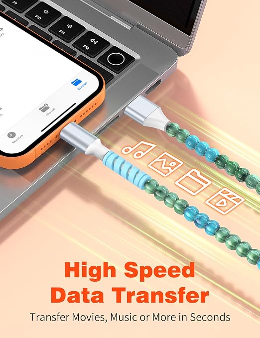 USB A to USB C Cable 6FT,Beaded Charger Cord for iPhone 17 16 Pro Max 17e 15 Car play,Cute Type C Car Charger Charging Cord for iPad 10 11th A16/Samsung S26 S25 S24/Android Phone Girls Women,BlueGreen