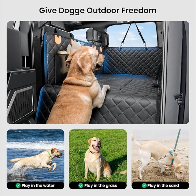 Dog Truck Seat Cover for Back Seat, Hard Bottom Dog Hammock for Car, Pet Bed Extender for 2-4 Large Dogs, Waterproof Seat Protector, Universal XL Size Fits for Crew Cab Truck/SUV, Black+Orange