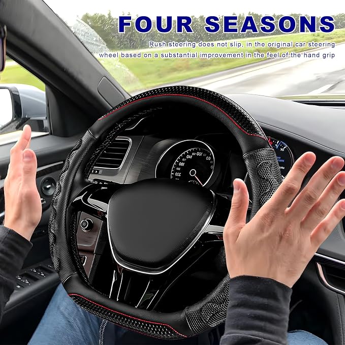 D-Shaped Steering Wheel Cover, Leather Car Wheel Protector with 3D Honeycomb Anti-Slip Design, Universal Breathable Comfy Cover Fits 14.5-15 Inch Steering Wheels, Car Accessories (Black)