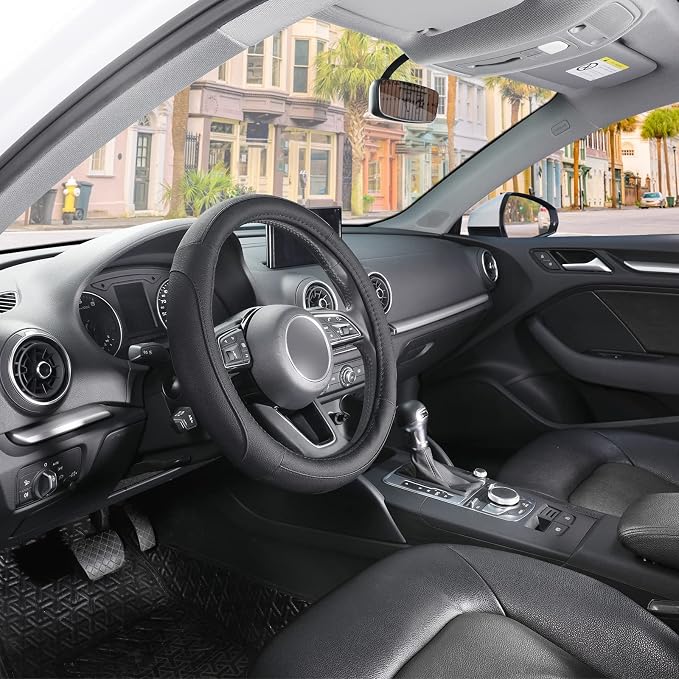 Car Steering Wheel Cover for Prius Civic Model 3 Model Y Camaro, Small Size 14-14.25 inch, Black Microfiber Leather
