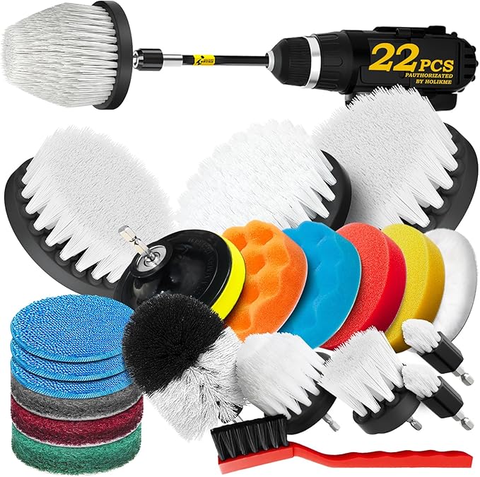22Pack Drill Brush Attachments Set, Scrub Pads & Sponge, Buffing Pads, Power Scrubber Brush, Car Polishing Pad Kit,Wax Applicator Pad,Car Cleaning Kit,Cleaning Supplies,Masonry Brushes,White