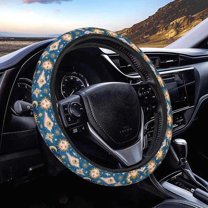 Women Sun Girls Moon Steering Wheel Covers Anti-Slip Elasticity Car Accessories Steering Wheel Protector Universal 15 Inch for Cars SUV Vehicle Truck