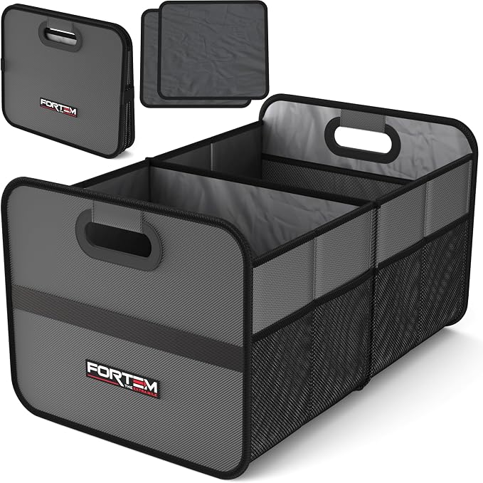 Car Trunk Organizer, Collapsible Two Compartment Organizer, Foldable SUV & Truck Storage for Car Accessories for Women Men, Non Slip Bottom, Sturdy Side Walls, Strong Handles, 45L