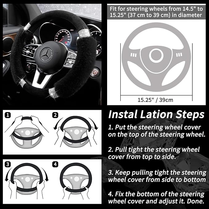Rhinestone Fluffy Steering Wheel Cover - Comfortable Non-Slip Luxury Faux Wool, Universal Fit for 14.5" to 15" Steering Wheels