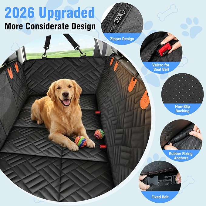 Megadream Dog Car Seat Cover Hard Bottom Back Seat Extender for Dogs 260LBS | Waterproof Scratch Resistant Rear Seat Pet Hammock with Mesh Window, Universal Fit for Sedan SUV Pickup Truck
