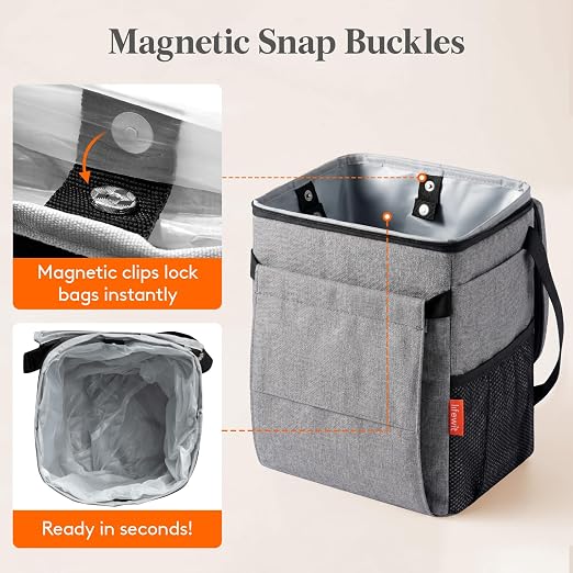 Car Trash Can with Lid and Tissue Holder, Leak-Proof Waterproof Automotive Garbage Cans, Car Accessory Interior, Trash Bin for the Back/Front/Console of Car, 2 Gallons, Grey