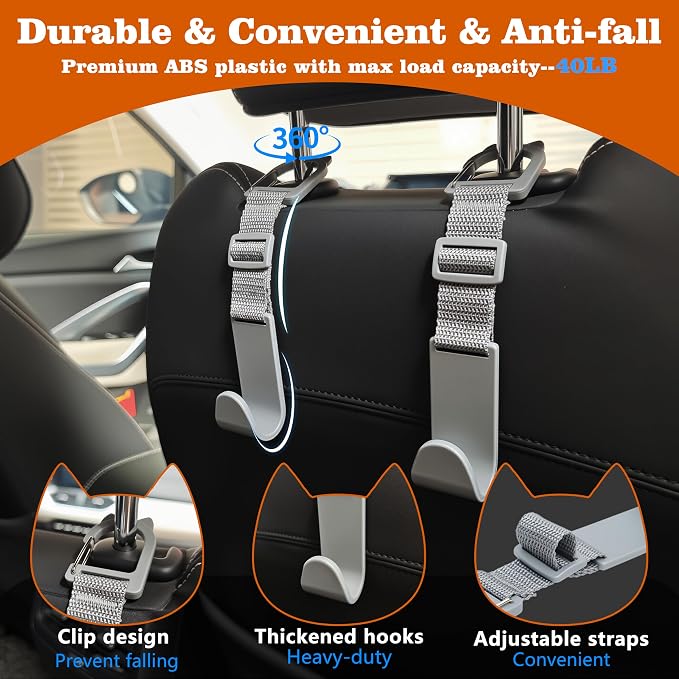 Car Headrest Hooks 4 Pack Adjustable Universal Fit Auto Seat Back Organizer Storage Hanger Purse Bags Holder with Clip Gray