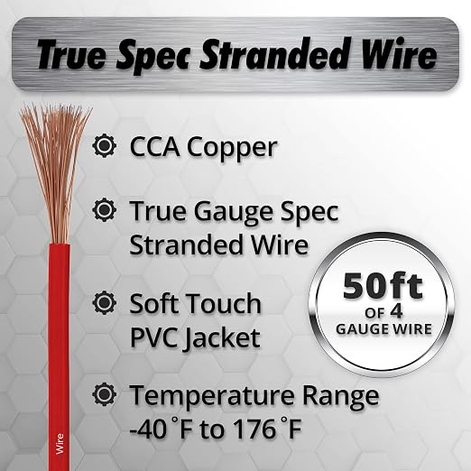 4 Gauge Copper Clad Aluminum Wire - 50 Ft 4GA Power Ground Cable for Car Audio, Battery, RV, Trailer and Automotive Wiring - Flexible Car Amplifier - Red