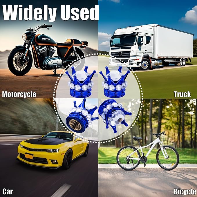 4PCS Crown Bling Tire Stem Valve Caps, Crystal Diamond Car Wheel Tire Valve Caps Universal Copper Core Stem Covers for Cars, SUV, Trucks, Bikes, Motorcycles, Bicycles (Blue & Silver)