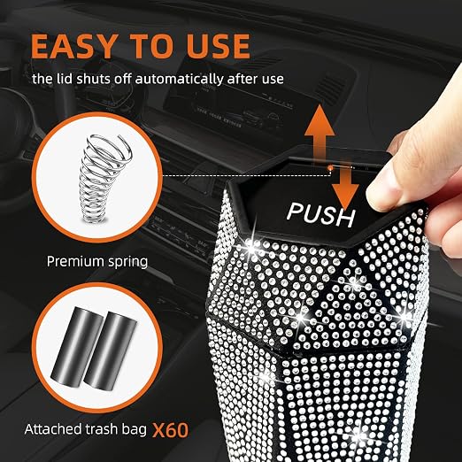 2 PCS Bling Car Trash Can with Lid, Bling Car Accessories Trash Bin, Leakproof Auto Garbage Can with 60 Trash Bags, Multipurpose Organizers and Storage for Home, Office (Silver Diamond)
