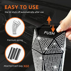 2 PCS Bling Car Trash Can with Lid, Bling Car Accessories Trash Bin, Leakproof Auto Garbage Can with 60 Trash Bags, Multipurpose Organizers and Storage for Home, Office (Silver Diamond)