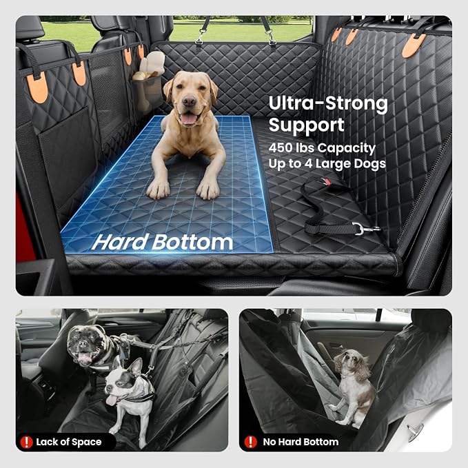 Dog Truck Seat Cover for Back Seat, Hard Bottom Dog Hammock for Car, Pet Bed Extender for 2-4 Large Dogs, Waterproof Seat Protector, Universal XL Size Fits for Crew Cab Truck/SUV, Black+Orange