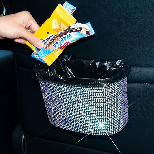 Car Trash Can, Hanging Trash Bin, Leakproof Garbage Organizer, Bling Vehicle Waste Basket, Mini Dustbin Container with Clip for Car, Office, Kitchen, Bedroom, Home and More, Multicolor