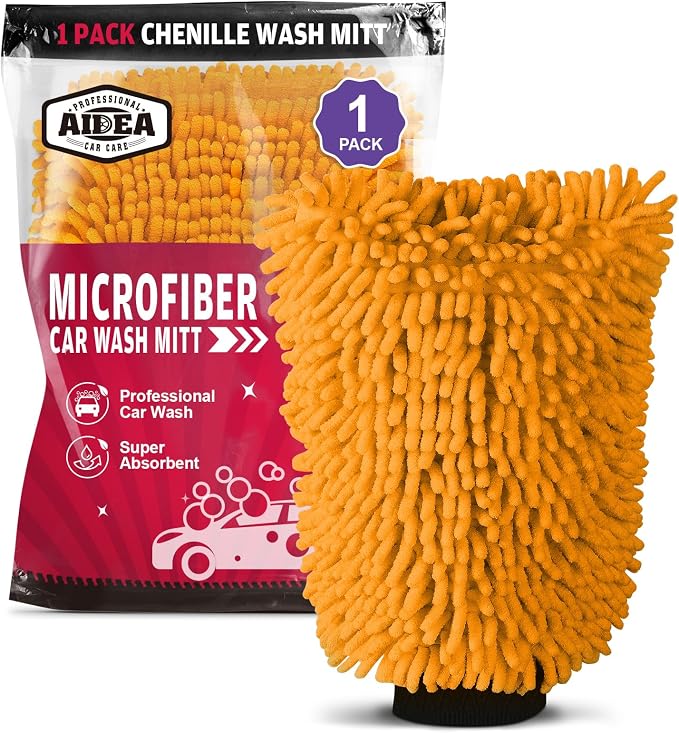 AIDEA Car Wash Mitt Microfiber, 1PK, Car Wash Brush, 7.12' X10.14'' | Scratch Free Lint-Free, Premium Chenille Microfiber Mitt, Regular Size, Orange