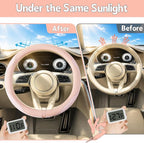 6 PCS Nappa Microfiber Leather Pink Steering Wheel Cover Set, Breathable Fabric Steering Wheel Cover 14.5-15inch Universal, Car Center Console Cover, Seat Belt Cushion, Cup Holder Coaster