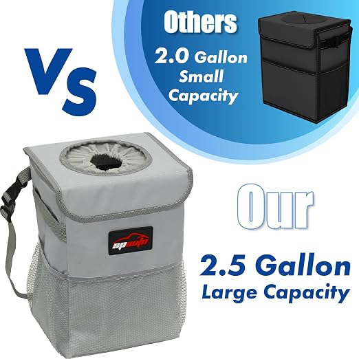 Waterproof Car Trash Can with Lid and Pockets, 2.5 Gal, Gray | Leakproof, Collapsible Multipurpose Car Bin with 3 Side Storage Pockets, Adjustable Straps