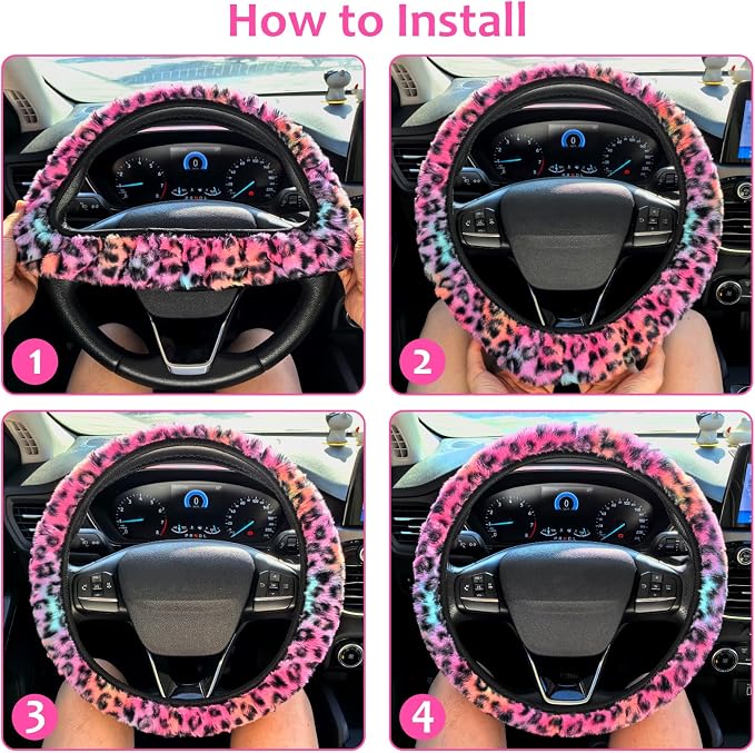 Fuzzy Car Steering Wheel Cover, Universal Fit Fluffy Auto Wheel Cover & Handbrake Cover & Gear Shift Cover Set, Leopard Print, Car Steering Wheel Cover Protector for Women Girls (Colorful)