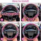 Fuzzy Car Steering Wheel Cover, Universal Fit Fluffy Auto Wheel Cover & Handbrake Cover & Gear Shift Cover Set, Leopard Print, Car Steering Wheel Cover Protector for Women Girls (Colorful)