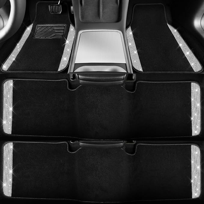 3 Row Bling Diamond Car Mats Shining Carpet Rhinestones Sparkly Glitter Floor Mats Anti-Slip PVC Heel Pad Universal for Automotive SUV,Sedan,Van, 3rd Row 2 Rear for Girl Women, Black Silver