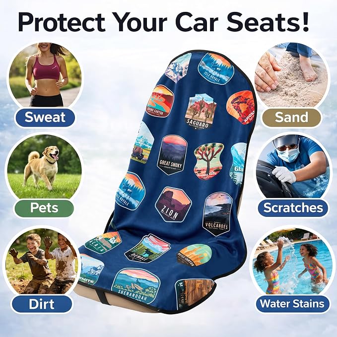 2 PCS Front Waterproof Car Seat Towel Covers, Sweat Seat Protector for Cars and SUVs with Headrest Cover and Fixed Hooks for Use After Gym, Beach, Swimming, and Outdoor Activities