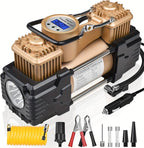 Dual Cylinder Tire Inflator Air Compressor, 150 PSI 12V DC Portable Air Pump with Digital Display, LED Flashlight, Auto Shut-Off, Heavy Duty for Truck, SUV, Car, RV (GOLD)