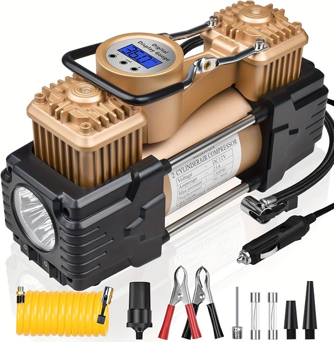 Dual Cylinder Tire Inflator Air Compressor, 150 PSI 12V DC Portable Air Pump with Digital Display, LED Flashlight, Auto Shut-Off, Heavy Duty for Truck, SUV, Car, RV (GOLD)