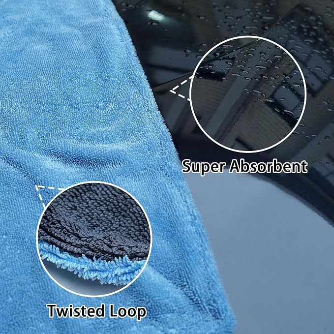 1000GSM Car Drying Towel 18"x24", Edgeless Double Twist Pile, Ultra Absorbent Microfiber Towel, Scratch-Free Lint-Free Streak-Free for Auto Detailing & Car Wash – Blue&Grey