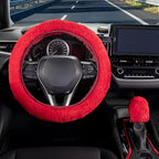 Furry Car Steering Wheel Cover with Fluffy Gear Shift Cover Soft Warm Non-Slip Car Decoration for Women Girls 2 PCS Set, Red