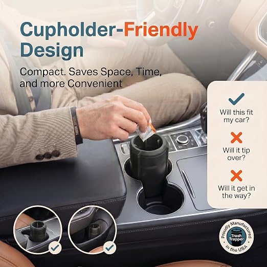 Car Trash Can Cup Holder | Mini Car Trash Can | Fits in Most Doors | 5.1" x 2.9" | Traps More & Empties Less, Patent-Pending Compaction, 250th Anniversary Edition, Black/Red-White-Blue