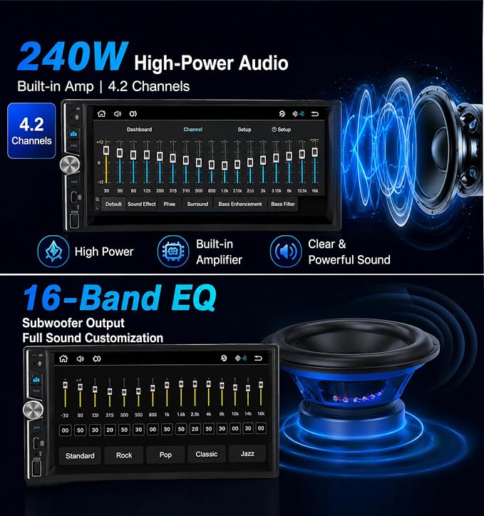Double Din Car Stereo with Wireless Apple CarPlay Android Auto Audio Radio | 7" Screen, FM/AM Radio, 4.2 Channel 240W 16-Band EQ DSP, Subwoofer, Bluetooth, Backup Camera, Fast Charging, SWC, MirrorLink
