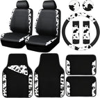Cow Print Car Accessories Sets Faux Leather Car Seat Covers & Cow Car Mats & Cow Steering Wheel Cover Seat Belt Pads Universal fit for SUV,Van,Saden,Truck Cute Automobile Interior Sets Women