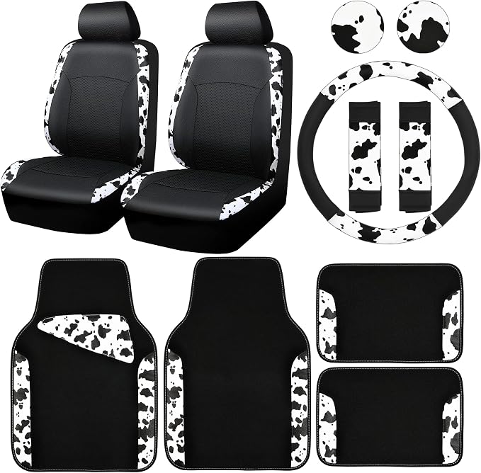 Cow Print Car Accessories Sets Faux Leather Car Seat Covers & Cow Car Mats & Cow Steering Wheel Cover Seat Belt Pads Universal fit for SUV,Van,Saden,Truck Cute Automobile Interior Sets Women