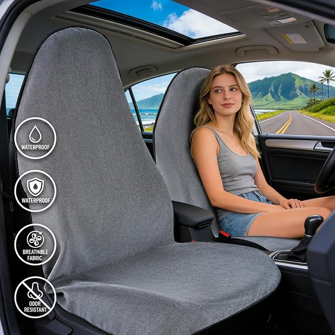 2 Pack Waterproof Towel Car Seat Covers, 1kg Heavy Duty 3-Layer Microfiber Sweat Protector, Non-Slip Machine Washable Universal Bucket Seat Covers for Cars, SUVs, Gym, Beach, Pets, Gray