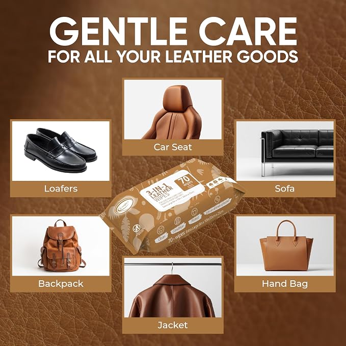3in1 Leather Cleaner Wipes 70 Count, Extra Large 8" x 10" Size | Clean Condition Protect Wipes for Vinyl and Leather Apparel Furniture Auto Car Interior Shoes Boots Bags