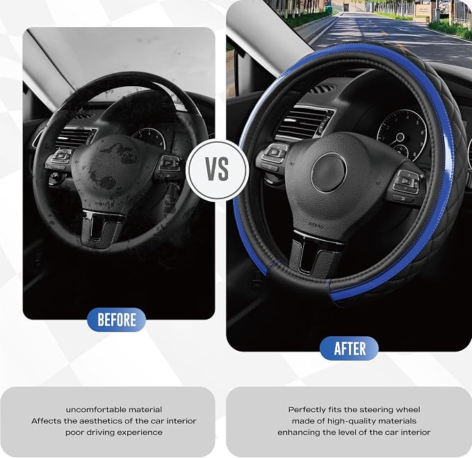 Leather Steering Wheel Cover – Black & Blue, Universal Fit 14.5-15 Inch, Microfiber Leather, Anti-Slip & Breathable Design for Men and Women