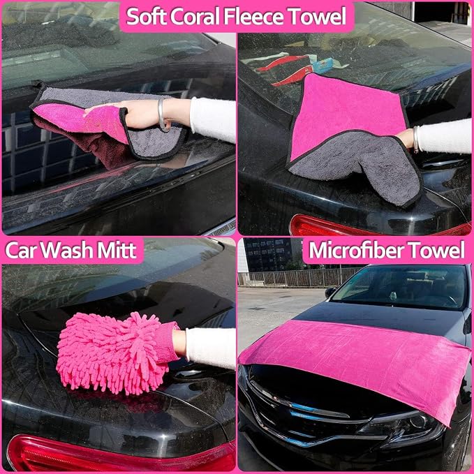 Car Detailing Kit, Interior Exterior Cleaning Set for Vehicles | Soft Microfiber, Lint-Free, Scratch-Proof, 17 Pcs Complete Set, Pink Styling, Perfect Women Gift, Portable Bag