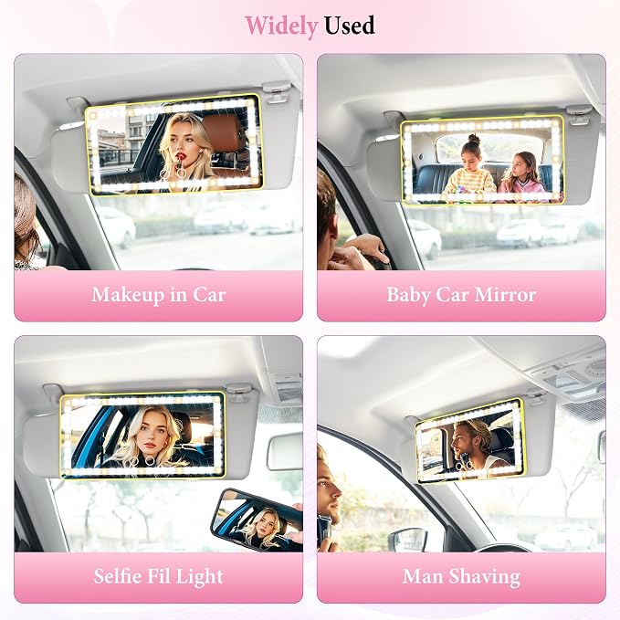 2PCS Car Sun Visor Vanity Mirror - Rechargeable Makeup Mirror with 60 LEDs, 3 Light Modes & Dimmable Touch Control for Cars, Trucks, SUVs, Car Interior Accessories for Women (Yellow)