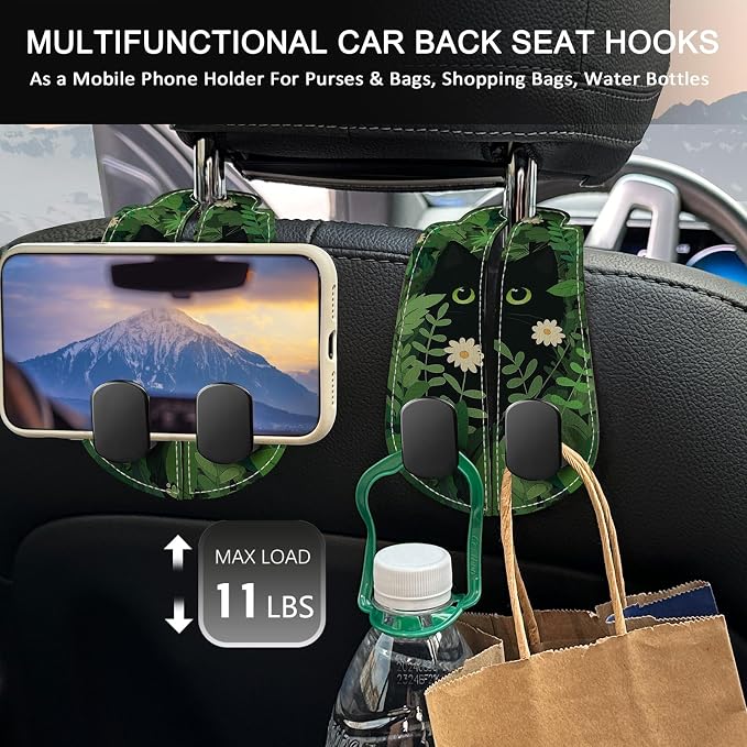 2PCS Car Seat Back Storage Headrest Hooks, Black Cat Floral Purse Holder Bags Hanger, PU Leather Double Metal Hook for Backseat Organizer, Women Car Accessories Organization