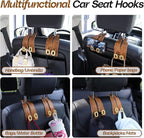 Car Headrest Hooks Universal Car Purse Hook Premium Leather and Alloy Twin Hook Car Seat Back Storage Hanger Hook for Purse Bags Cloth Drink Durable Holder Car Accessories (BH09-Brown-Gold)